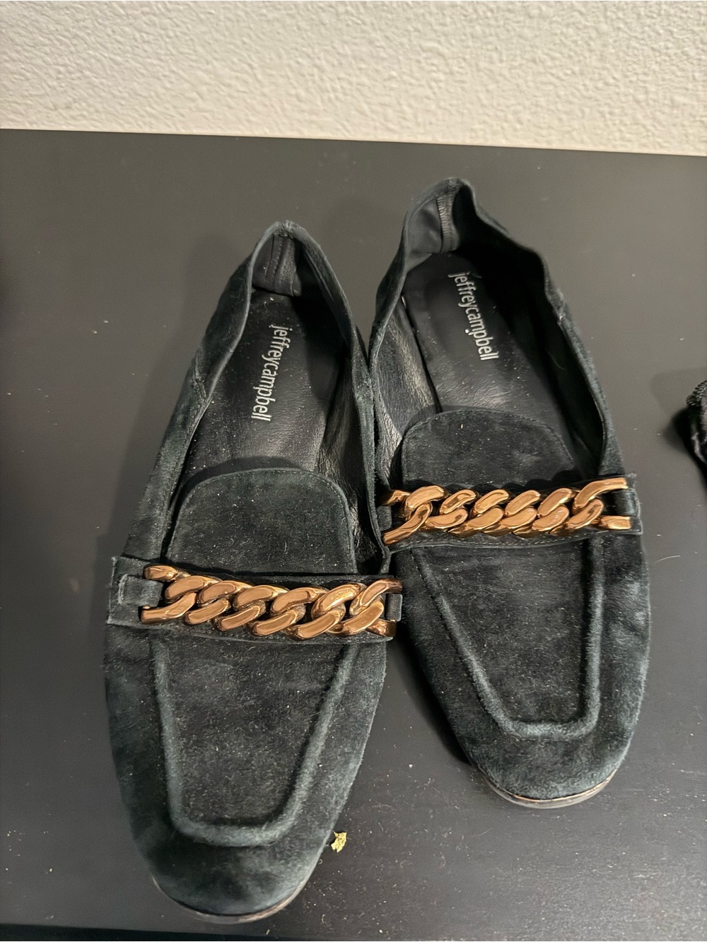 Jeffrey Campbell Black Suede Loafers with Gold Chain Accent